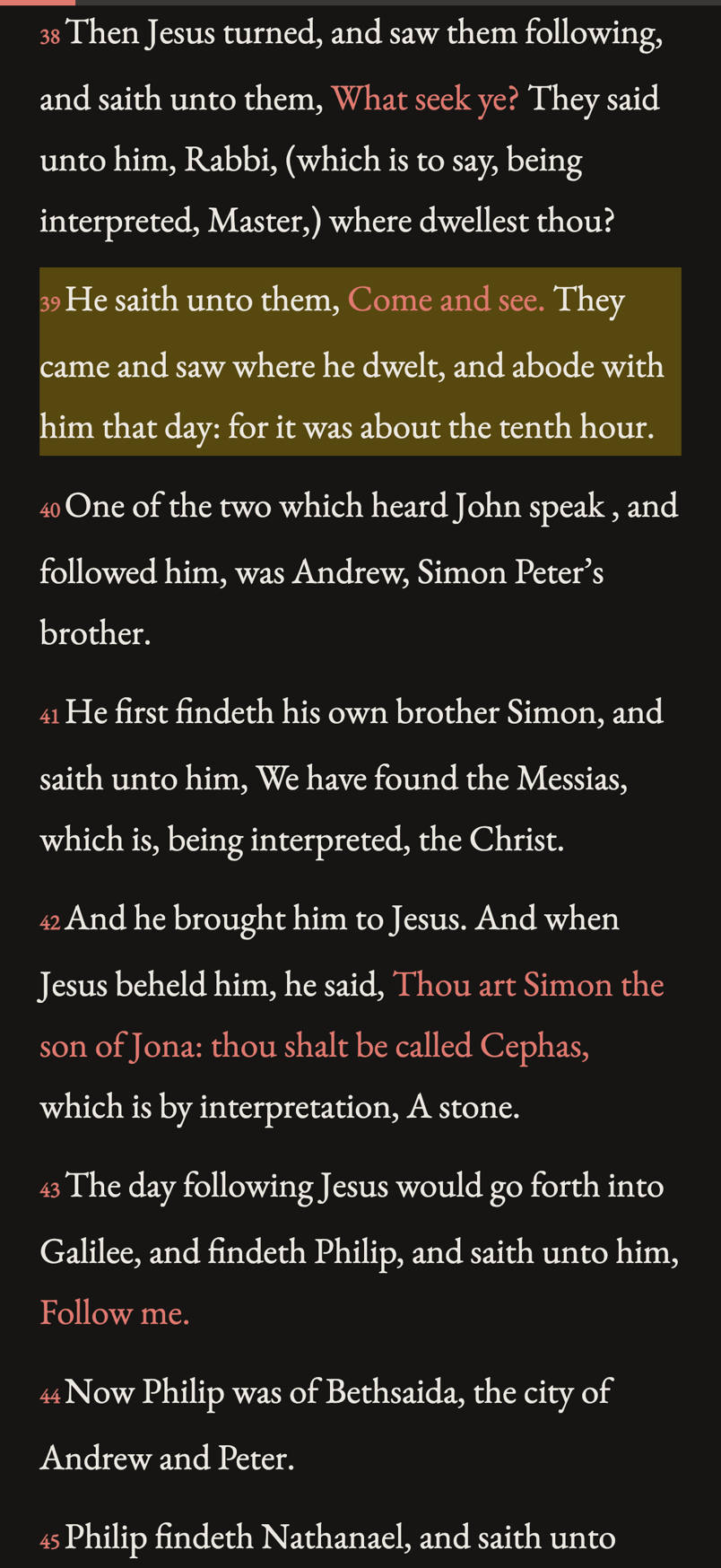 A reading from John 1 with the words of Christ in red and a highlighted verse