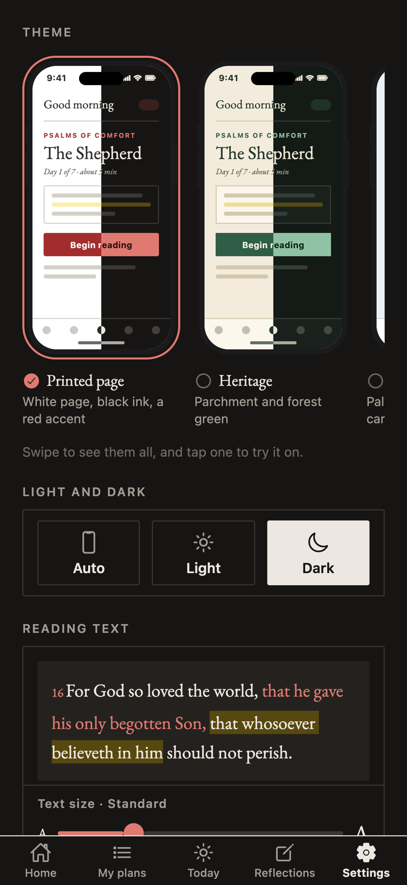 Settings: four themes, light and dark, and a live preview of the reading text